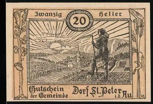 Notgeld St. Peter i.d. Au 1920, 20 Heller, Landschaft mit Hirte und Kirche