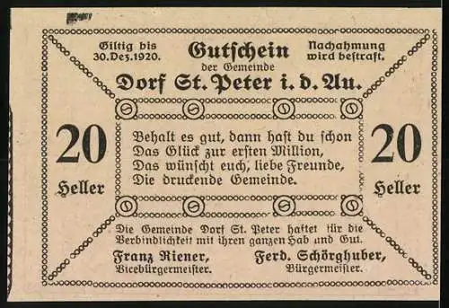 Notgeld St. Peter i.d. Au 1920, 20 Heller, Landschaft mit Hirte und Kirche