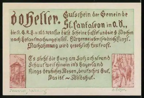 Notgeld St. Pantaleon 1920, 60 Heller, Schloss Wildshut und Landschaftsmotiv