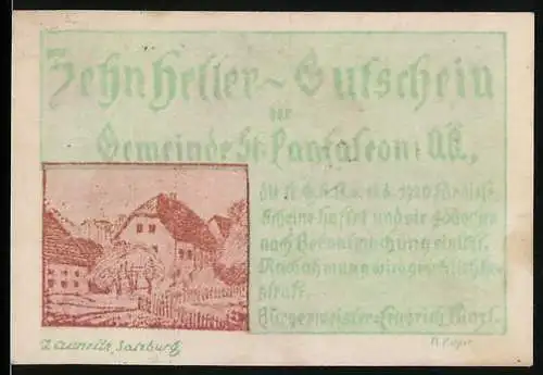 Notgeld St. Pantaleon, 10 Heller, Silberschmied und ländliche Szene, Salzburger Arbeit aus dem 17. Jh