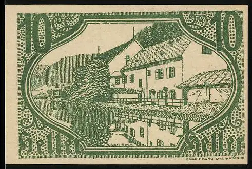 Notgeld Altaist 1920, 10 Heller, ländliche Szene mit Häusern und Fluss, Gemeindesiegel von Altaist