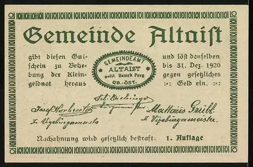 Notgeld Altaist 1920, 10 Heller, ländliche Szene mit Häusern und Fluss, Gemeindesiegel von Altaist