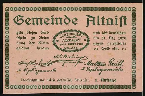 Notgeld Altaist 1920, 20 Heller, Hausmotiv, Gemeindeamt-Stempel