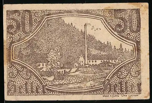 Notgeld Altaist 1920, 50 Heller, Industrielandschaft mit Fabrik und Wald