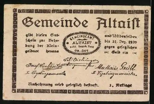 Notgeld Altaist 1920, 50 Heller, Industrielandschaft mit Fabrik und Wald