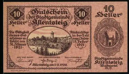 Notgeld Allentsteig 1920, 10 Heller, Stadtansicht und Wappen der Stadtgemeinde Allensteig