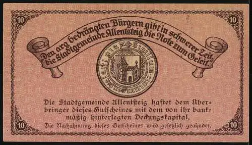 Notgeld Allentsteig 1920, 10 Heller, Stadtansicht und Wappen der Stadtgemeinde Allensteig