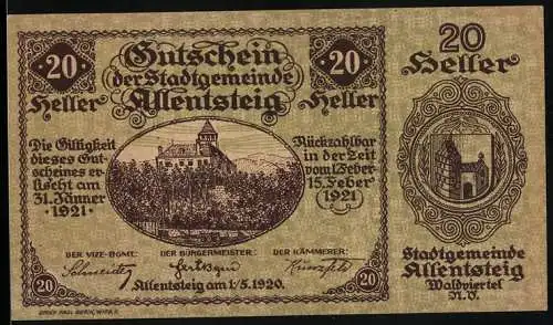 Notgeld Allentsteig 1920, 20 Heller, Schlossansicht und Stadtwappen