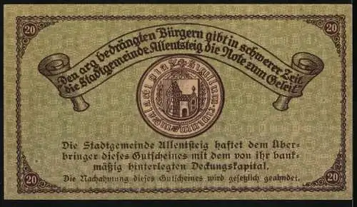 Notgeld Allentsteig 1920, 20 Heller, Schlossansicht und Stadtwappen