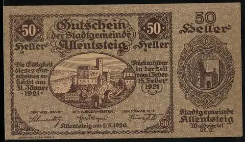 Notgeld Allentsteig 1920, 50 Heller, Stadtansicht mit Burg und Wappen im Medaillon