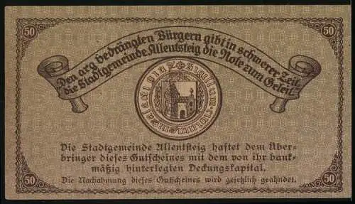 Notgeld Allentsteig 1920, 50 Heller, Stadtansicht mit Burg und Wappen im Medaillon