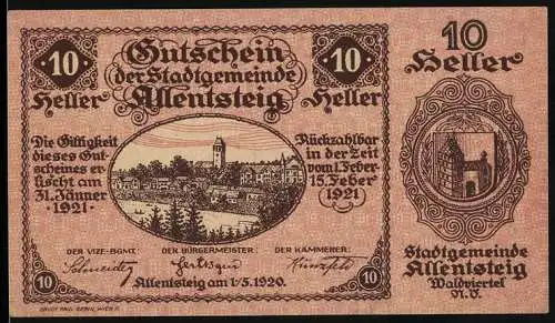 Notgeld Allentsteig 1920, 10 Heller, Stadtansicht und Wappen der Stadtgemeinde Allentsteig