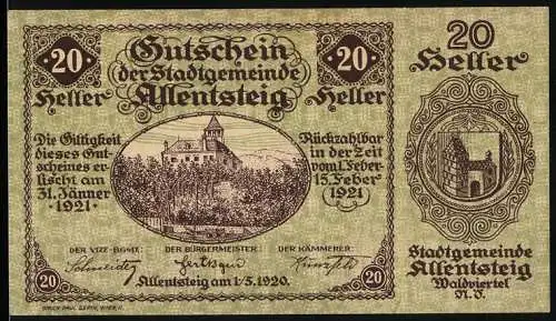 Notgeld Allentsteig 1920, 20 Heller, Schlossansicht und Stadtwappen