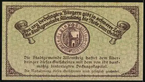 Notgeld Allentsteig 1920, 20 Heller, Schlossansicht und Stadtwappen