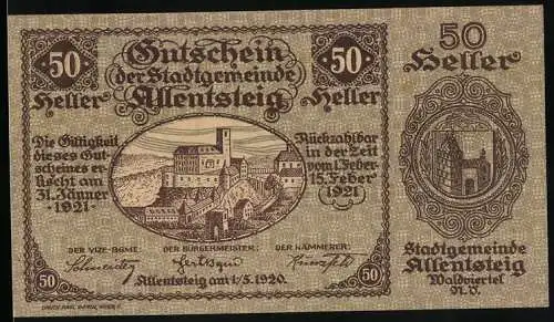 Notgeld Allentsteig 1920, 50 Heller, Stadtansicht und Wappen von Allentsteig