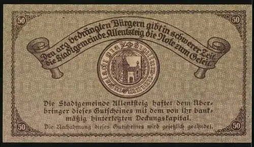 Notgeld Allentsteig 1920, 50 Heller, Stadtansicht und Wappen von Allentsteig