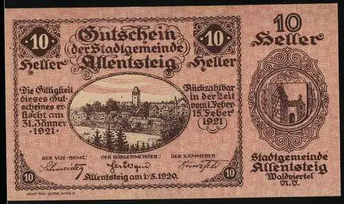 Notgeld Allentsteig 1920, 10 Heller, Stadtansicht und Wappen der Stadtgemeinde