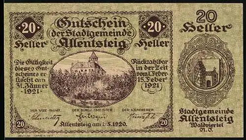 Notgeld Allentsteig 1920, 20 Heller, Schlossansicht und Wappen der Stadtgemeinde