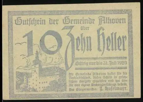 Notgeld Alkoven 1920, 10 Heller, Schlossmotiv und Gültigkeitstext