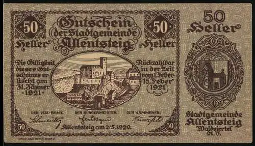 Notgeld Allentsteig 1920, 50 Heller, Burgansicht und Stadtsiegel