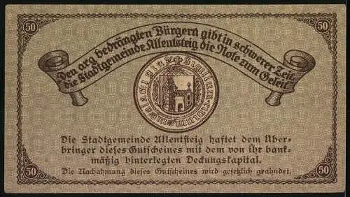 Notgeld Allentsteig 1920, 50 Heller, Burgansicht und Stadtsiegel