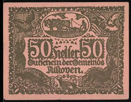 Notgeld Alkoven 1920, 50 Heller, bäuerliche Szene mit Pflug und dekorative Ornamente