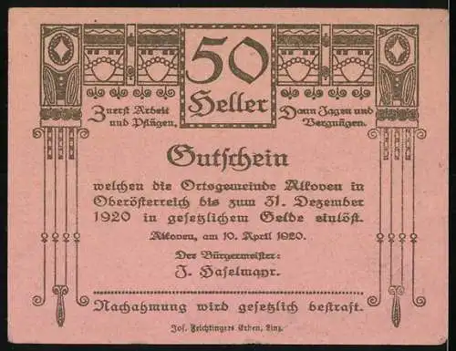 Notgeld Alkoven 1920, 50 Heller, bäuerliche Szene mit Pflug und dekorative Ornamente