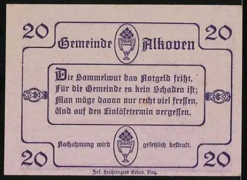 Notgeld Alkoven 1920, 20 Heller, Kirche und Landschaft, lyrischer Text, Wappen der Gemeinde Alkoven