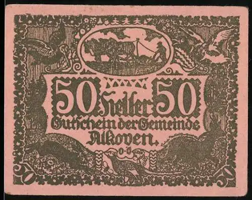 Notgeld Alkoven 1920, 50 Heller, ländliche Szene mit Pflug und Traktor, dekorative Ornamente