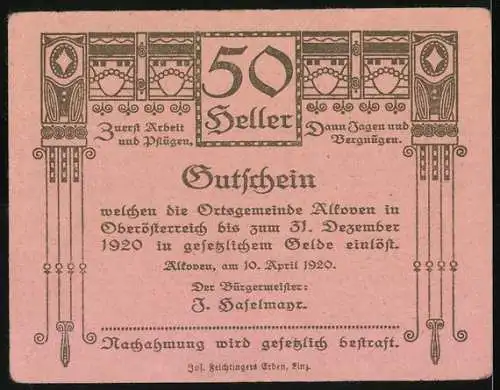 Notgeld Alkoven 1920, 50 Heller, ländliche Szene mit Pflug und Traktor, dekorative Ornamente