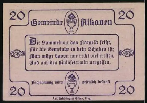 Notgeld Alkoven 1920, 20 Heller, Schloss und Kirche, Garantie der Gemeinde, Sammelaufruf