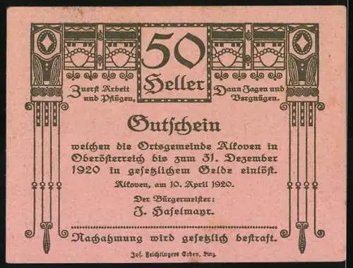 Notgeld Alkoven 1920, 50 Heller, bäuerliche Szene und kunstvolle Verzierungen