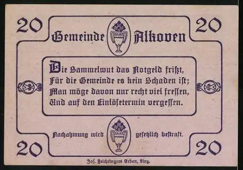 Notgeld Alkoven 1920, 20 Heller, Kirche und dekorative Schriftzüge