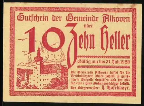 Notgeld Alkoven 1920, 10 Heller, Motiv mit Kirche und Landschaft, gültig bis 31. Juli 1920