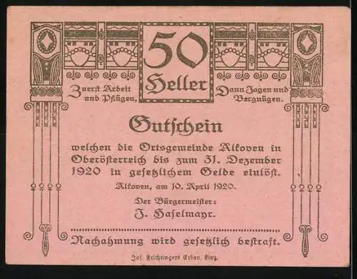 Notgeld Alkoven 1920, 50 Heller, Pflügen und Jagen, dekorative Ornamente