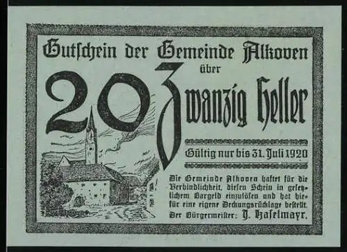 Notgeld Alkoven 1920, 20 Heller, Kirche und Landschaftsmotiv, Gedicht und Verzierungselemente
