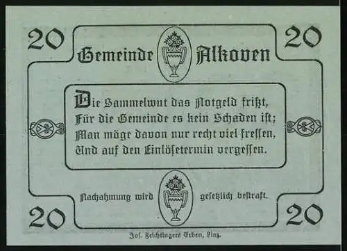 Notgeld Alkoven 1920, 20 Heller, Kirche und Landschaftsmotiv, Gedicht und Verzierungselemente