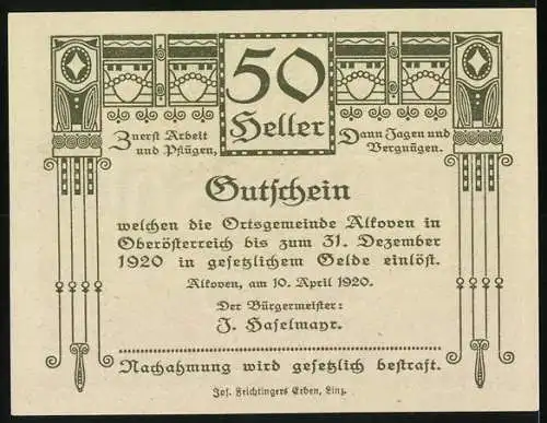 Notgeld Alkoven 1920, 50 Heller, Tiere und ländliche Szenen, Gutscheintext und Verzierungen