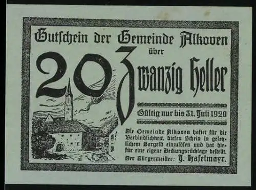 Notgeld Alkoven 1920, 20 Heller, Kirchturm und Landschaftsmotiv