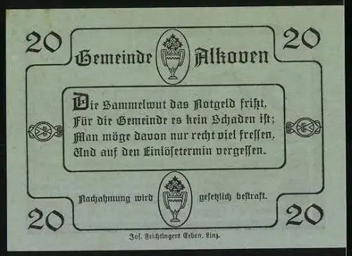 Notgeld Alkoven 1920, 20 Heller, Kirchturm und Landschaftsmotiv