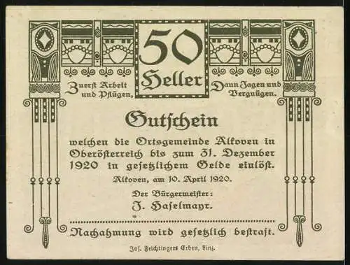 Notgeld Alkoven 1920, 50 Heller, bäuerliche Arbeit mit Tieren und dekorative Umrandung