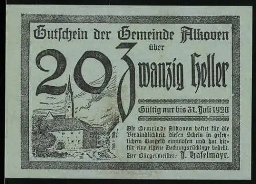 Notgeld Alkoven 1920, 20 Heller, Kirche und Dorfansicht, poetischer Text, Wappen und Ornamentik