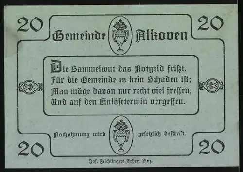 Notgeld Alkoven 1920, 20 Heller, Kirche und Dorfansicht, poetischer Text, Wappen und Ornamentik