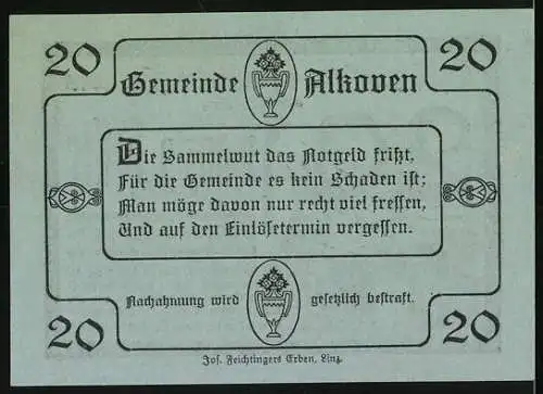 Notgeld Alkoven 1920, 20 Heller, Kirche und Gedicht, gültig bis 31. Juli 1920