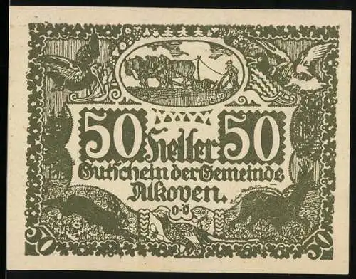 Notgeld Alkoven 1920, 50 Heller, ländliche Szene mit Fuhrwerk und Tieren, dekorative Bordüre