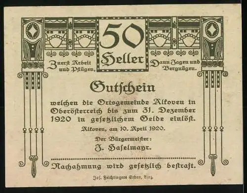 Notgeld Alkoven 1920, 50 Heller, ländliche Szene mit Fuhrwerk und Tieren, dekorative Bordüre