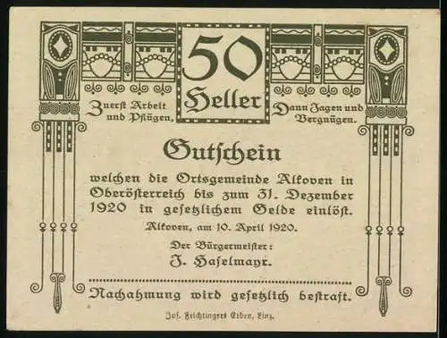 Notgeld Alkoven 1920, 50 Heller, bäuerliche Szene mit Pferd und Wagen, Tiermotive und florale Ornamente