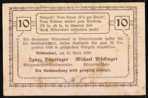 Notgeld Alberndorf 1920, 10 Heller, Brücke und Waldlandschaft