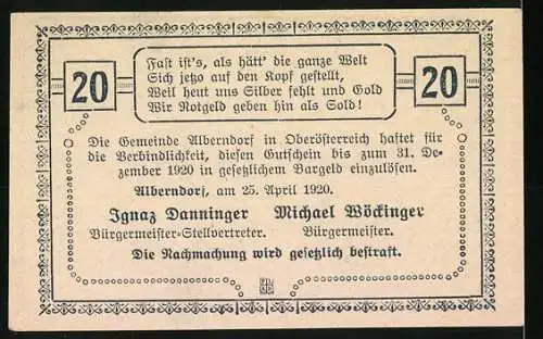 Notgeld Alberndorf 1920, 20 Heller, Schloss Riedegg, Gutschein der Gemeinde Alberndorf