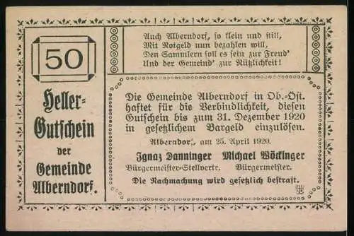 Notgeld Alberndorf 1920, 50 Heller, Dorfansicht mit Kirche und dekorativem Design